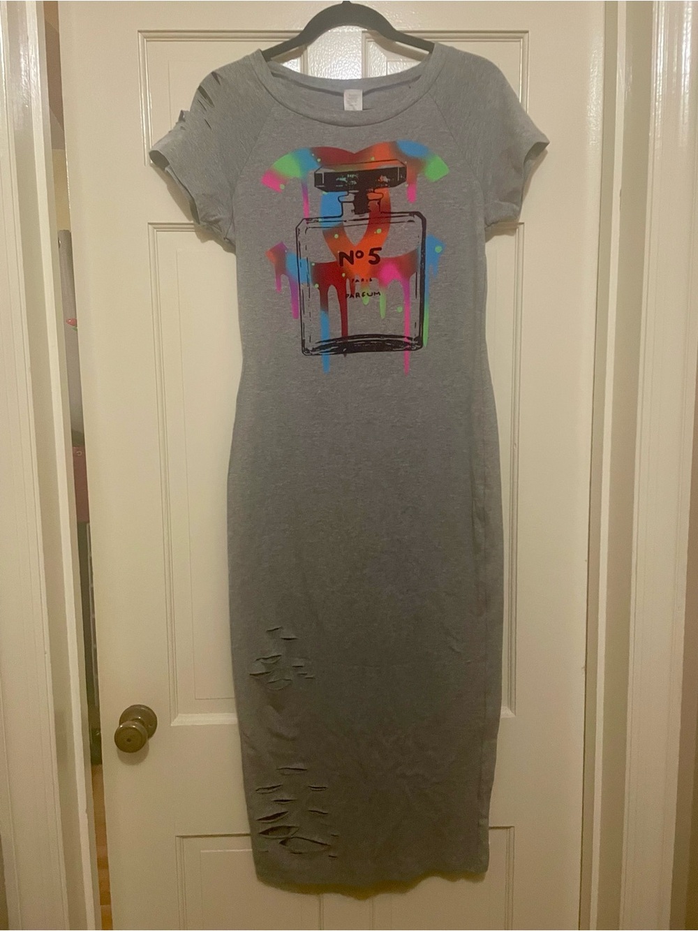 Gray Graphic Midi Dress with CC logo and Colorful Perfume Bottle Print